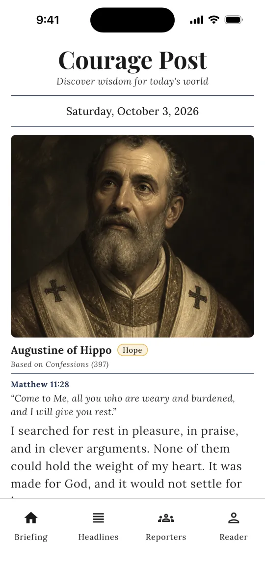 The daily briefing, with a portrait of Augustine of Hippo and a verse from Matthew
