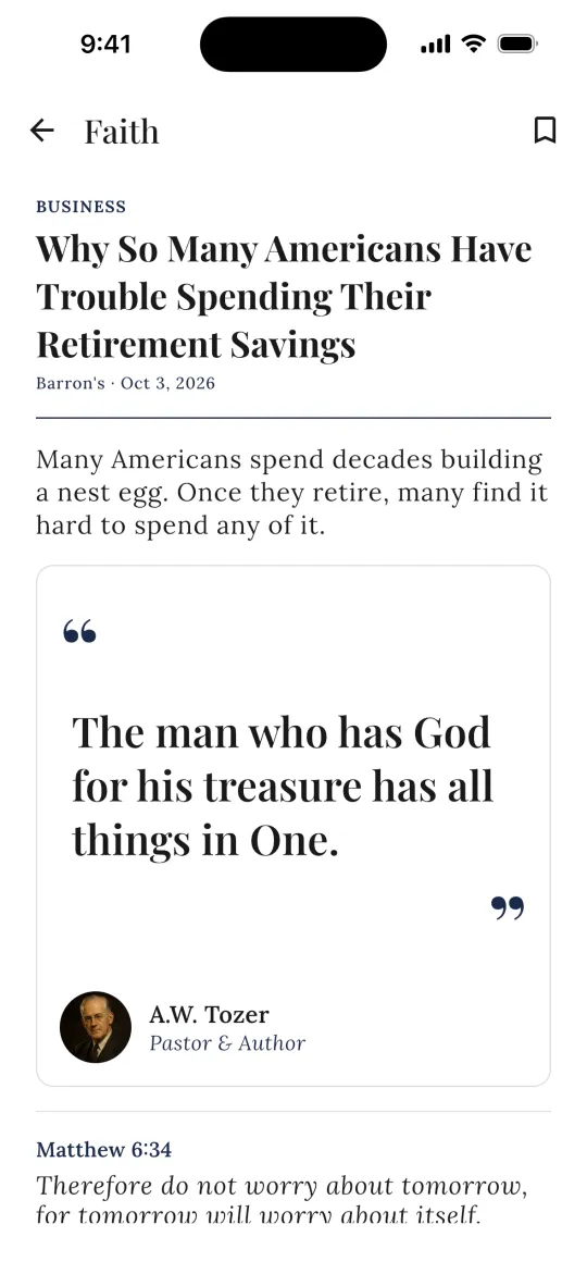 A headline about retirement savings paired with a quote from A.W. Tozer's The Pursuit of God