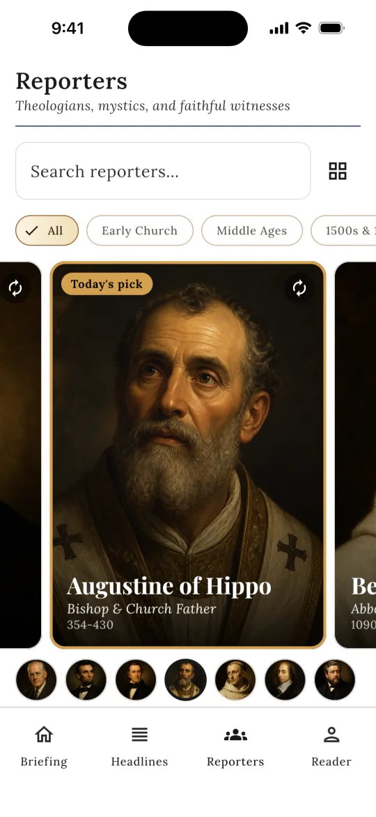 The reporters screen showing Augustine of Hippo's card as today's pick, with the neighboring cards peeking in and a strip of reporter portraits below